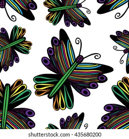 Seamless vector hand drawn pattern with decorative butterflies. Colorful background