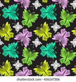 Seamless vector hand drawn pattern with decorative butterflies. Colorful background