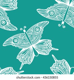 Seamless vector hand drawn pattern with decorative butterflies. Colorful background
