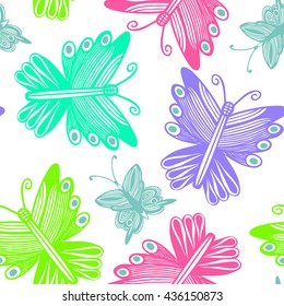 Seamless vector hand drawn pattern with decorative butterflies. Colorful background
