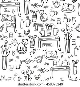 Seamless Vector Hand Drawn Pattern of Home Elements Tea Cats Flowers Black and White