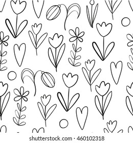 Seamless Vector Hand Drawn Pattern of Flower Black Silhouettes