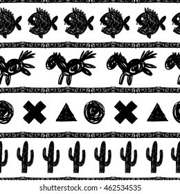 Seamless vector hand drawn pattern in the style of boho or hippy. Tribal elements