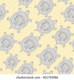 Seamless vector hand drawn pattern with turtles , pattern can be used for wallpaper, pattern fills, surface textures. Turtles on the sand