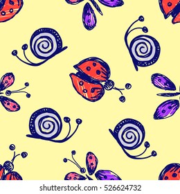 Seamless vector hand drawn seamless pattern with insect. Colorful Background with ladybug, butterfly, snail. Decorative cute graphic hand drawing seamles patern illustration