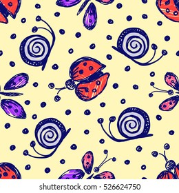 Seamless vector hand drawn seamless pattern with insect. Colorful Background with ladybug, butterfly, snail. Decorative cute graphic hand drawing seamles patern illustration