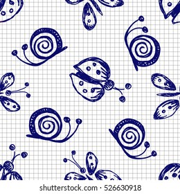 Seamless vector hand drawn seamless pattern with insect Blue and white background with ladybug, butterfly snail on the checkered paper Decorative cute graphic hand drawing seamles patern illustration