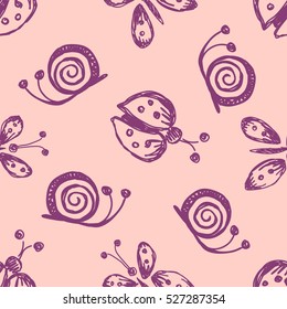 Seamless vector hand drawn seamless pattern with insect. Pink  background with ladybug, butterfly snail Decorative cute graphic drawn illustration Vector  Template for background, wrapping, wallpaper