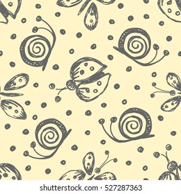Seamless vector hand drawn seamless pattern with insect. Yellow background with ladybug, butterfly snail Decorative cute graphic drawn illustration Vector Template for background, wrapping, wallpaper