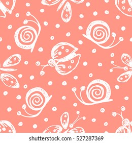 Seamless vector hand drawn seamless pattern with insect. Red background with ladybug, butterfly snail Decorative cute graphic drawn illustration Vector  Template for background, wrapping, wallpaper