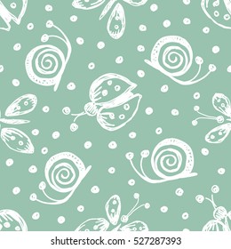 Seamless vector hand drawn seamless pattern with insect. Blue  background with ladybug, butterfly snail Decorative cute graphic drawn illustration Vector Template for background, wrapping, wallpaper