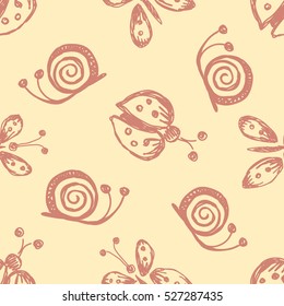 Seamless vector hand drawn seamless pattern with insect. Yellow  background with ladybug, butterfly, snail Decorative cute graphic drawn illustration Template for background, wrapping, wallpaper
