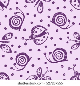 Seamless vector hand drawn seamless pattern with insect. Violet background with ladybug, butterfly snail Decorative cute graphic drawn illustration Vector Template for background, wrapping, wallpaper