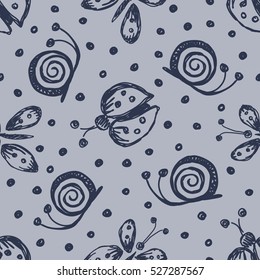Seamless vector hand drawn seamless pattern with insect.  Blue background with ladybug, butterfly snail Decorative cute graphic drawn illustration Vector Template for background, wrapping, wallpaper