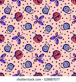 Seamless vector hand drawn seamless pattern with insect. Colorful Background with ladybug, butterfly, snail. Pink decorative cute graphic drawn illustration. 