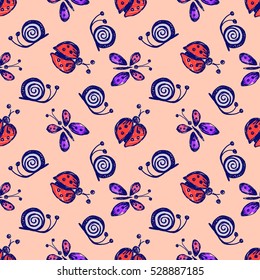 Seamless vector hand drawn seamless pattern with insect. Colorful Background with ladybug, butterfly, snail. Pink decorative cute graphic drawn illustration. Template for background, wrapping, cover