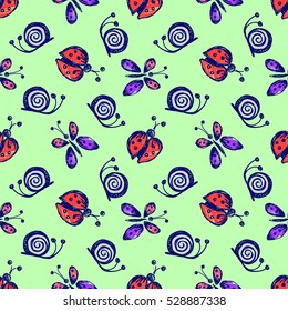 Seamless vector hand drawn seamless pattern with insect. Colorful Background with ladybug, butterfly, snail. Green Decorative cute graphic drawn illustration. Template for background, wrapping, cover