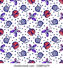 Seamless vector hand drawn seamless pattern with insect. Colorful Background with ladybug, butterfly, snail, dots. Decorative cute graphic drawn illustration.