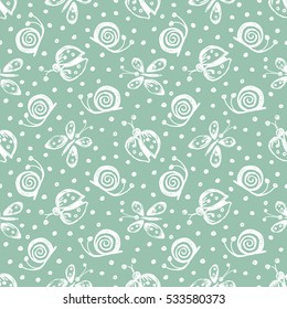 Seamless vector hand drawn seamless pattern with insect. Blue background with ladybug, butterfly, snail Decorative cute graphic drawn illustration Template for background, wrapping, wallpaper.