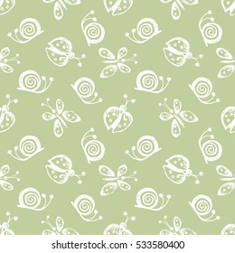 Seamless vector hand drawn seamless pattern with insect. Green pastel background with ladybug, butterfly, snail Decorative cute graphic drawn illustration Template for background, wrapping, wallpaper.