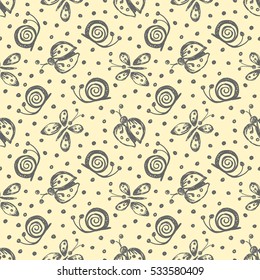 Seamless vector hand drawn seamless pattern with insect. Yellow pastel background with ladybug, butterfly, snail Decorative cute graphic drawn illustration Template for background wrapping, wallpaper