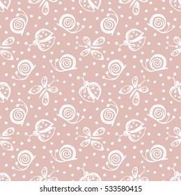 Seamless vector hand drawn seamless pattern with insect.  Pink background with ladybug, butterfly, snail Decorative cute graphic drawn illustration Template for background, wrapping, wallpaper.