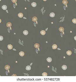 Seamless vector hand drawn pattern of blossoms and fresh branches. Floral contour vintage background for textile or book covers, manufacturing, wallpapers, print, gift wrap and scrapbooking.