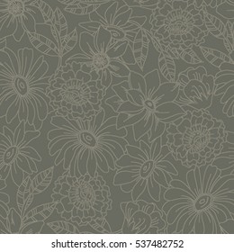 Seamless vector hand drawn pattern of blossoms and fresh branches. Floral contour vintage background for textile or book covers, manufacturing, wallpapers, print, gift wrap and scrap booking