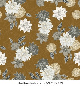 Seamless vector hand drawn pattern of blossoms and fresh branches. Floral contour vintage background for textile or book covers, manufacturing, wallpapers, print, gift wrap and scrap booking