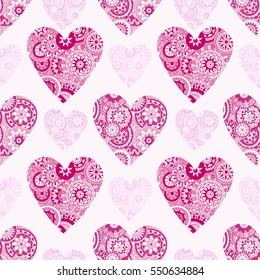 Seamless vector hand drawn pattern with doodle hearts.