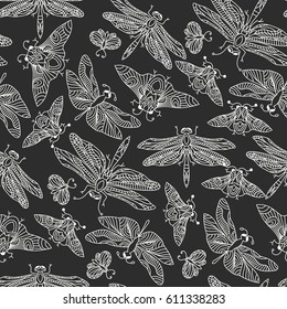 Seamless vector hand drawn pattern with fantasy butterflies, dragonflies, beetles, bugs and mothes in modern style. Beautiful botany illustration.