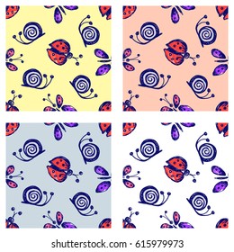 Seamless vector hand drawn seamless pattern with insect. Colorful Background with ladybug, butterfly, snail, dots. Decorative cute graphic drawn illustration.