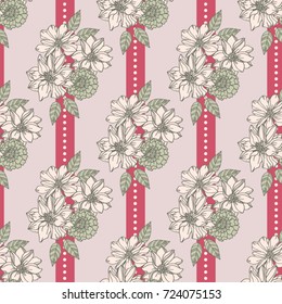 Seamless vector hand drawn pattern of blossoms and fresh branches. Floral contour background for textile or book covers, design, graphic art, printing and hobby, invitation