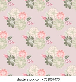 Seamless vector hand drawn pattern of blossoms and fresh branches. Fashionable spring colors. Floral background for textile or book covers, design, graphic art, printing and hobby, invitation