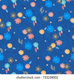 Seamless vector hand drawn pattern of blossoms and fresh branches. Fashionable spring colors. Floral background for textile or book covers, design, graphic art, printing and hobby, invitation