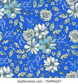Seamless vector hand drawn pattern of blossoms and fresh branches. Floral background for textile or book covers, design, graphic art, printing and hobby, invitation