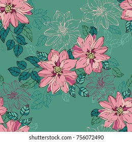 Seamless vector hand drawn pattern of blossoms and fresh branches. Wedding style. Floral background for textile or book covers, design, graphic art, printing and hobby, invitation