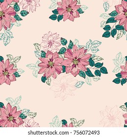 Seamless vector hand drawn pattern of blossoms and fresh branches. Wedding style. Floral background for textile or book covers, design, graphic art, printing and hobby, invitation