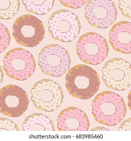 Seamless vector hand drawn pink donut pattern.