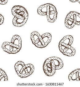 seamless vector hand drawn pretzels pattern in vintage style isolated on white background. ink drawing sketch of Brezel traditional german snack. Sweet pastry. great for menu, label, package design