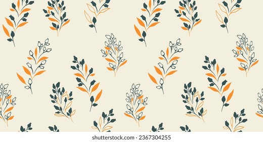 Seamless vector hand drawn tiny branches leaves pattern. Vintage, retro, gently, simple print. Template for design, fashion, fabric, interior decor, textile, wallpaper, surface design.