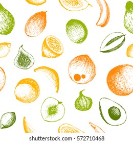 seamless vector hand drawn tropic fruit colorful pattern with coconuts peaches bananas lemons figs avocados mangoes and papayas