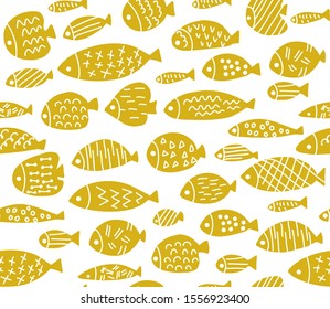 Seamless vector hand drawn yellow  pattern with simple shapes of fish and doodle texture on it, criss cross, dots, triangles, lines, zig zag .