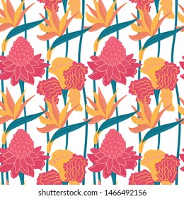 Seamless vector hand-drawn abstract pattern with tropical leaves and flowers in scandinavian style. The pattern is perfect for the design of fabric, bed linen, wrapping paper and so on.