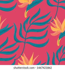 Seamless vector hand-drawn abstract pattern with tropical leaves and flowers in scandinavian style. The pattern is perfect for the design of fabric, bed linen, wrapping paper and so on.
