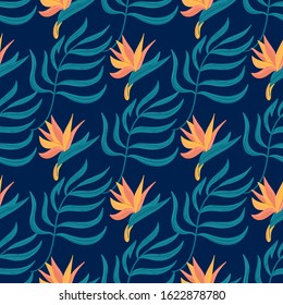 Seamless vector hand-drawn abstract pattern with tropical leaves and flowers in scandinavian style.