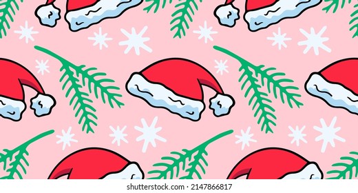 Seamless vector hand-drawn Christmas pattern, fir branches and Santa Claus hat