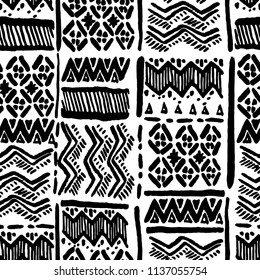 Seamless vector hand-drawn ethnic black and white ornate for fabric, textile, ceramic, craft, wrapping