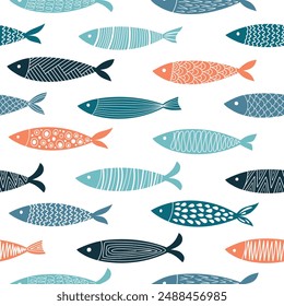 Seamless vector hand-drawn fish pattern