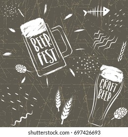 Seamless vector hand-drawn pattern of beer fest. Stylized beer glasses and grains on a  background of black chalk board.